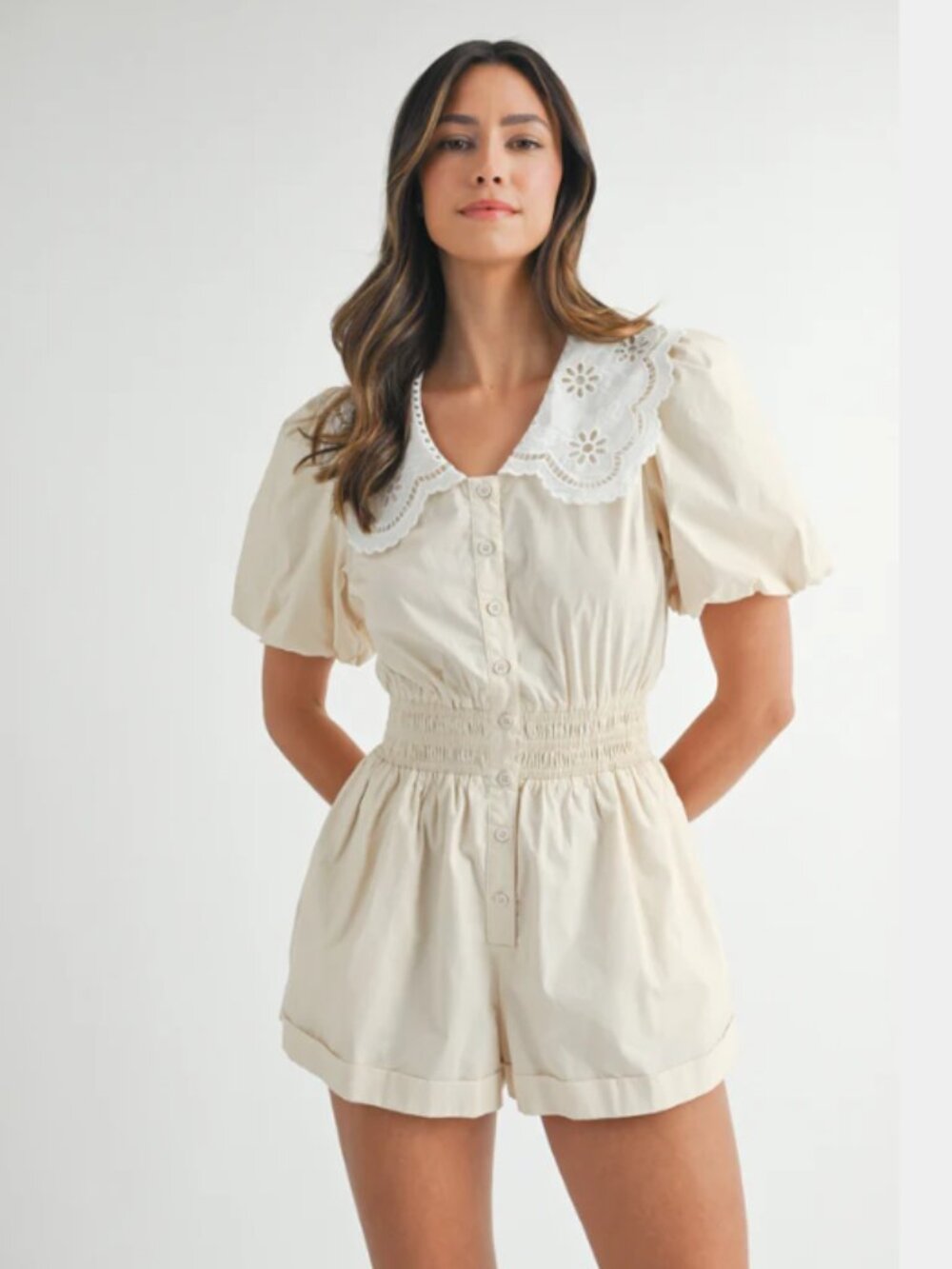 Mable Sable Bubble Sleeve Romper – Size Small | Ecru | Lace Collar | NWT | Cotta